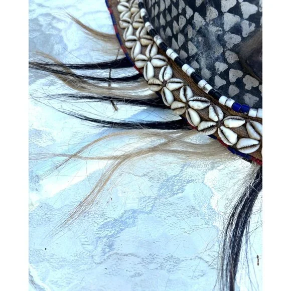Ibo Tribe Tribal HEALING Mask Cowrie Shells Zebra Mane Metal Work details Large